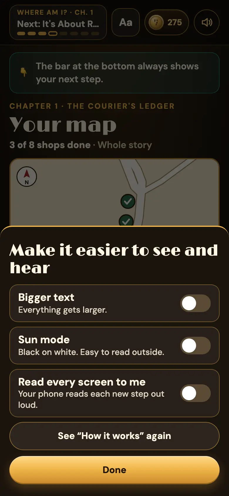 The settings sheet with Bigger text, Sun mode and Read every screen to me switches