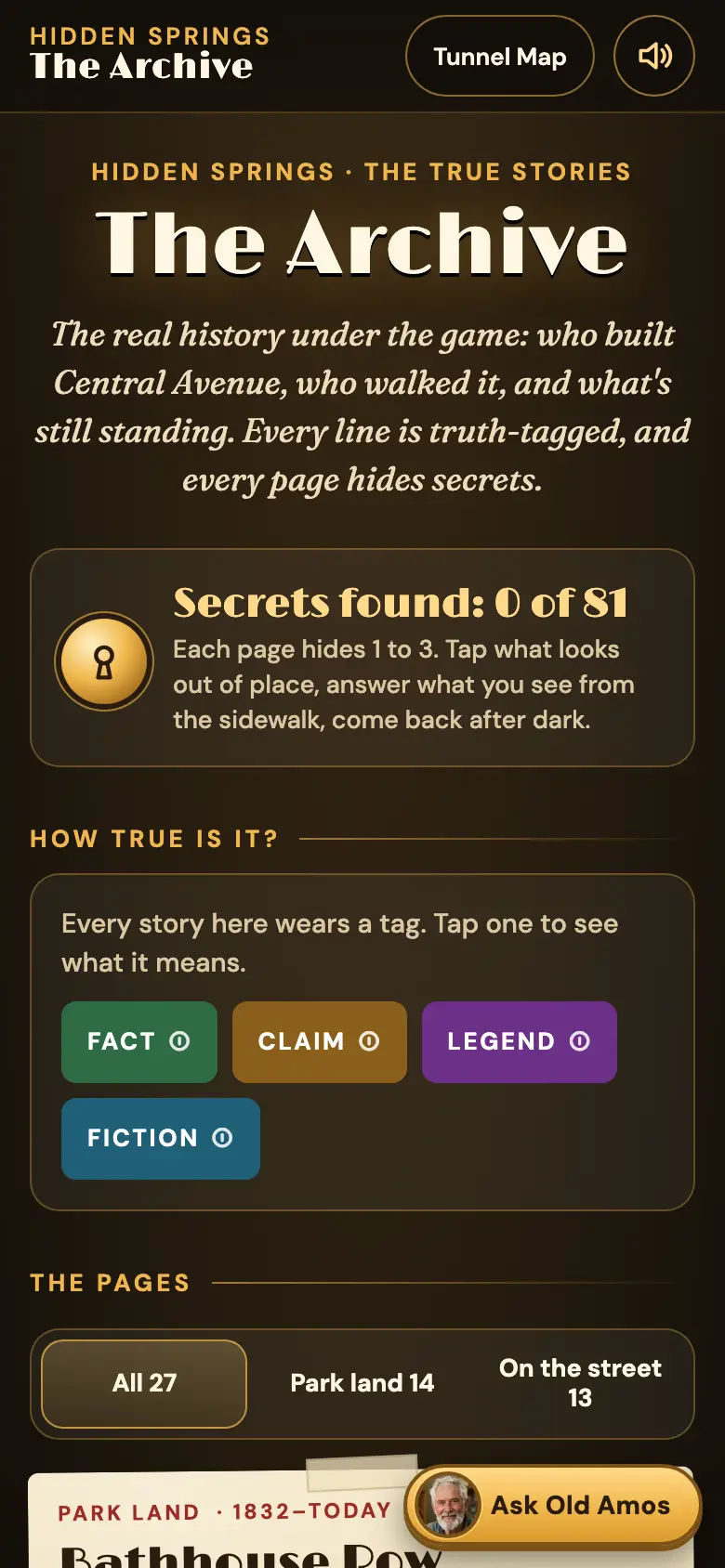 The Archive page with Secrets found 0 of 81 and the four truth tags