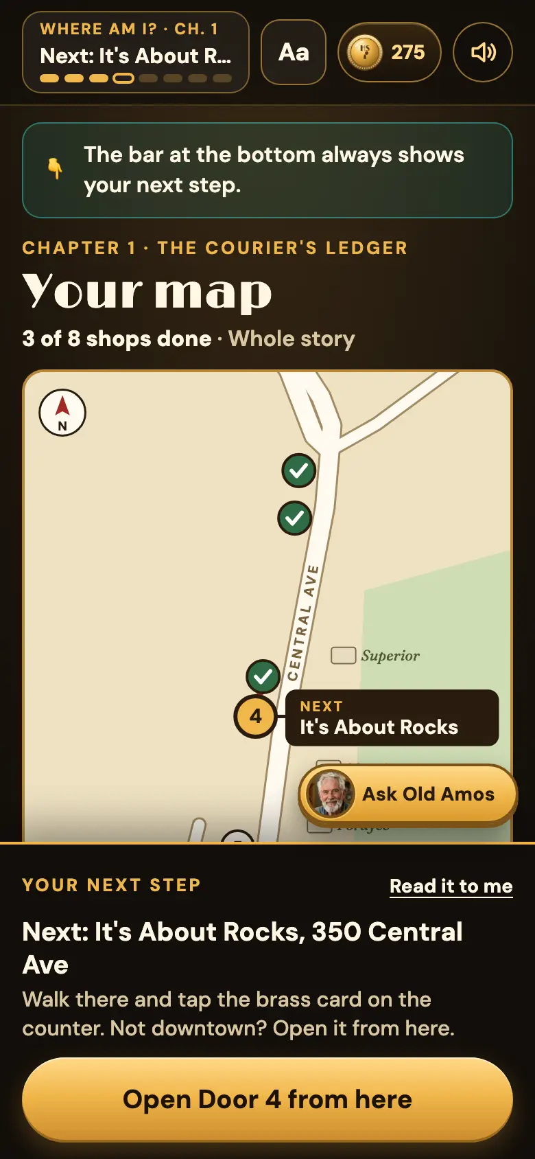 The Chapter 1 Tunnel Map with three green check marks and the next shop marked
