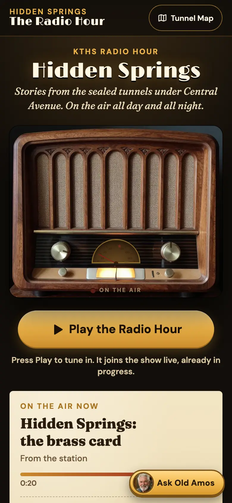 The Radio Hour page with a vintage radio and a Play button