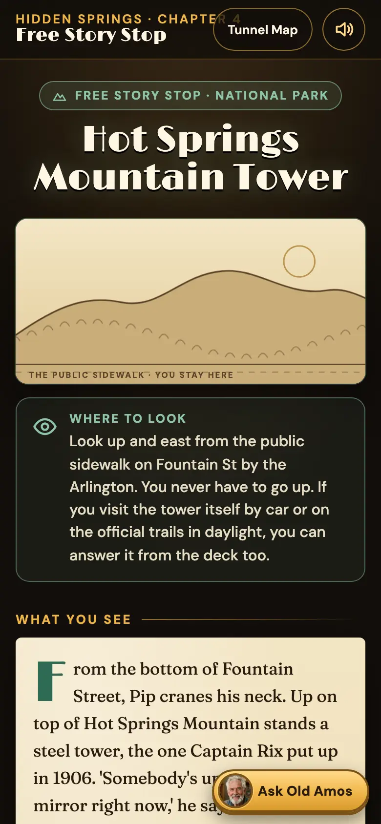 The Hot Springs Mountain Tower free story stop, telling the player to look up from the sidewalk on Fountain Street