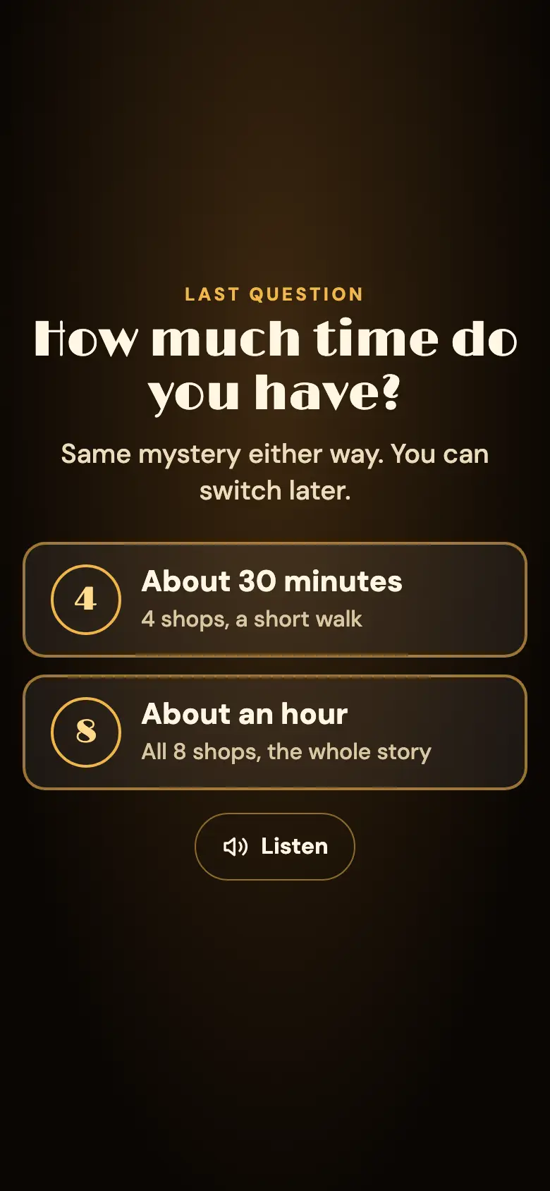 The How much time do you have screen with 4 shops or 8 shops